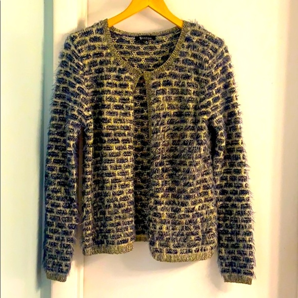 Sisters Blue Cream Gold Textured Cardigan Sweater Size Medium